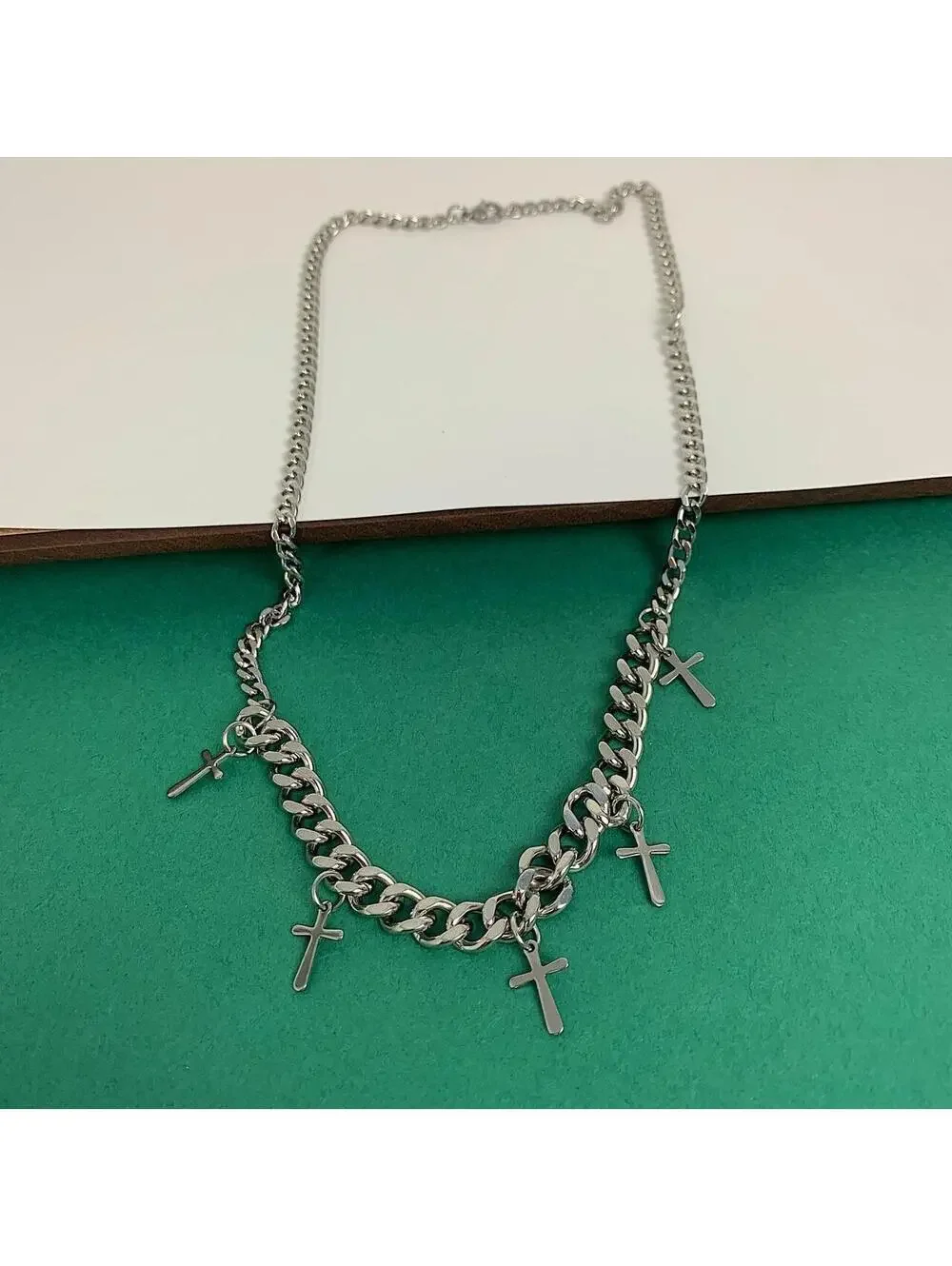 Stainless steel Cyber y2k 2000s style Multi Cross Cuban Link Necklace. 22.5